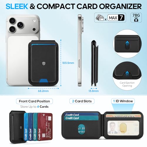 SHIELDON Genuine Leather Magnetic Wallet Stand for MagSafe, Nappa Black | Strong Magnetic, 6 Card Holder, Kickstand, Angle Adjustment, Rfid Blocking, Quick-access, for iPhone 17/16/15/14/13/12 Series - color: Black
