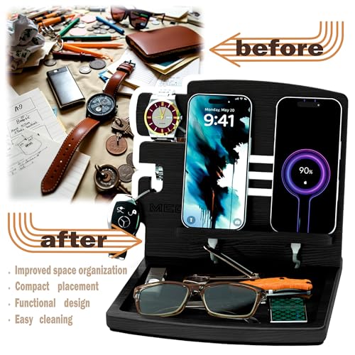MED Wood Phone Docking Station Nightstand Desk Organizer for Phone, Watch, Wallet & Tablet Gift for Men, Husband, Father's Day, Dad & Women Model 1 (Black) - color: Black