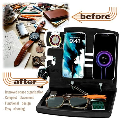 MED Wood Phone Docking Station Nightstand Desk Organizer for Phone, Watch, Wallet & Tablet Gift for Men, Husband, Father's Day, Dad & Women Model 1 (Black) - color: Black