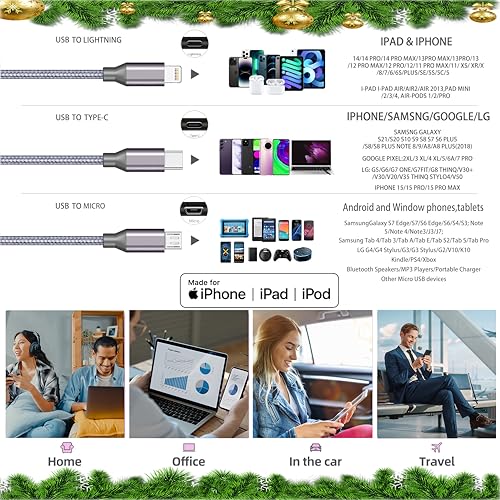 Multi Charging Cable 2Pack 6FT 3 in 1 Long Apple MFi Certified Cable - color: Grey, size: 6ft