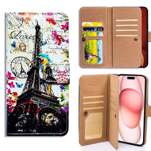 Bcov Case for iPhone 16,Paris Eiffel Tower Postcard Bird Multifunction Leather Phone Case Wallet Flip Cover with Multi Card Slots Pocket Wrist Strap for Apple iPhone 16 - color: Paris Eiffel Tower Postcard Bird