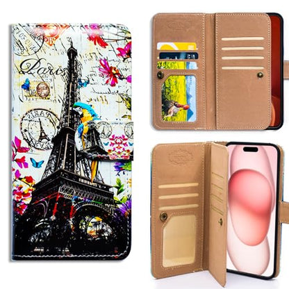 Bcov Case for iPhone 16,Paris Eiffel Tower Postcard Bird Multifunction Leather Phone Case Wallet Flip Cover with Multi Card Slots Pocket Wrist Strap for Apple iPhone 16 - color: Paris Eiffel Tower Postcard Bird