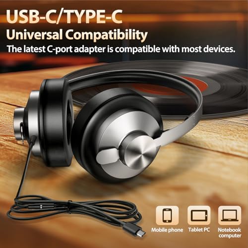 USB C Headphones Wired with Comfortable Ear Pads, Over Ear Bass HiFi Sound Foldable Travel Headphone, Durable Metal Frame, Compatible with iPhone 17/16/Samsung Galaxy S25/S24 Google Pixel 9 - Black - color: Silver