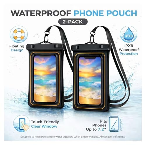 2-Pack IPX8 Floating Waterproof Phone Pouch, Dry Bag with Lanyard, Fits up to 7.2”, Compatible with iPhone 16/15/14/13 Pro Max, Galaxy S25/S24 Ultra, Pixel for Snorkeling, Kayaking(Black-Black) - color: Black /Black
