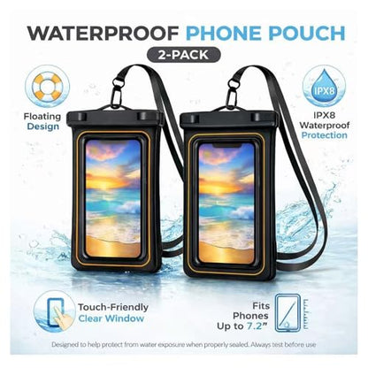 2-Pack IPX8 Floating Waterproof Phone Pouch, Dry Bag with Lanyard, Fits up to 7.2”, Compatible with iPhone 16/15/14/13 Pro Max, Galaxy S25/S24 Ultra, Pixel for Snorkeling, Kayaking(Black-Black) - color: Black /Black