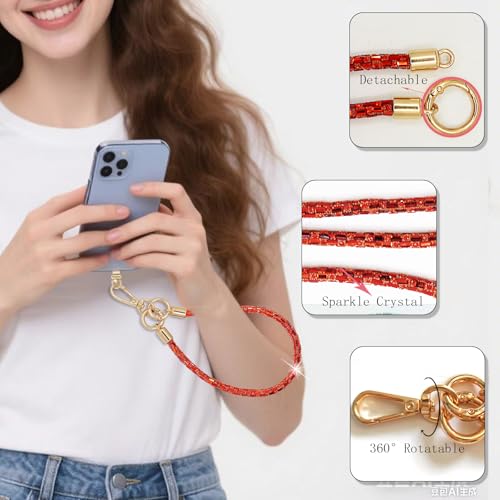Crystal Phone Lanyard Crossbody Adjustable Rhinestone Anti-Theft Phone Strap Crossbody Cell Phone Neck Strap for Women - color: Red