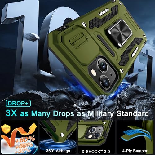 DEERLAMN Case for iPhone 15 with Slide Camera Cover + Screen Protector (2 Packs), Rotated Ring Kickstand Military Grade Shockproof Protective Cover-Olive Green - color: Olive Green