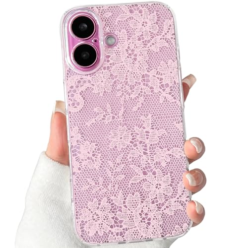 Lovmooful Compatible for iPhone 16 Plus Case Floral Leaf-Pink | Aesthetic Flower with Romantic Lace Design,for Girls Women Girly,Soft TPU Case,Shockproof Protective - color: Pink, size: iPhone 16 Plus