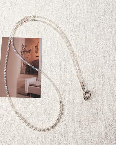 Phone Chain Crossbody Pearl Strap,Pearl Beaded Chain Shoulder Crossbody Lanyard with Phone Tether Patches Compatible with Most Phones Bag Purse - color: N