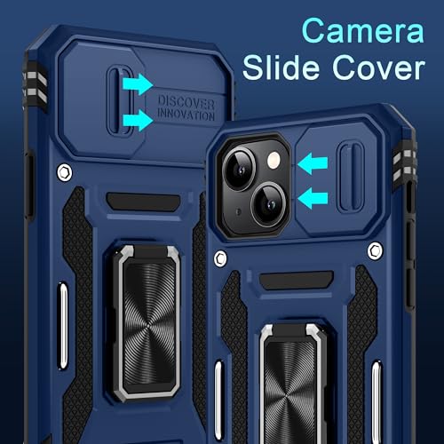 DEERLAMN Case for iPhone 15 with Slide Camera Cover + Screen Protector (2 Packs), Rotated Ring Kickstand Military Grade Shockproof Protective Cover-Navy Blue - color: Navy Blue