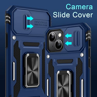 DEERLAMN Case for iPhone 15 with Slide Camera Cover + Screen Protector (2 Packs), Rotated Ring Kickstand Military Grade Shockproof Protective Cover-Navy Blue - color: Navy Blue