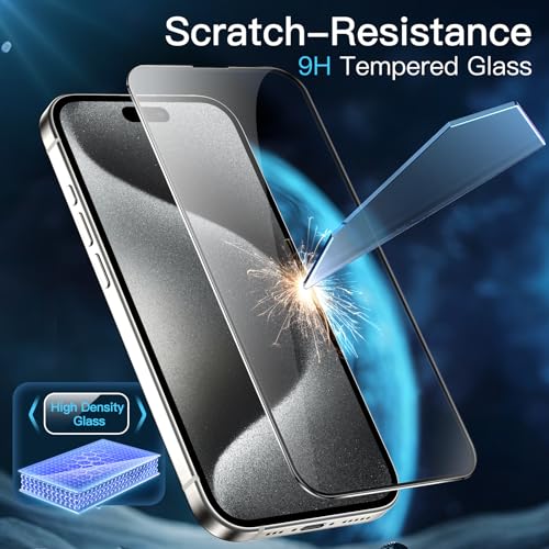 JETech Full-Coverage Screen Protector for iPhone 15 Pro, 3-Pack | Black Edge Tempered Glass, Easy Installation Tool, HD Clear, Case-Friendly - size: iPhone 15 Pro
