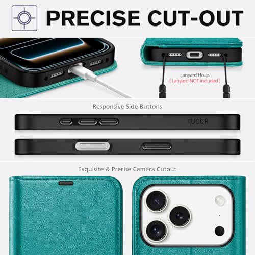 TUCCH Wallet Case for iPhone 17 Pro (6.3") 2025, 4 Card Slots, Cyan | RFID Blocking, Viewing Stand, Shockproof TPU Shell, PU Leather, Magnetic Closure, Protective Folio Flip Cover - color: Textured Cyan