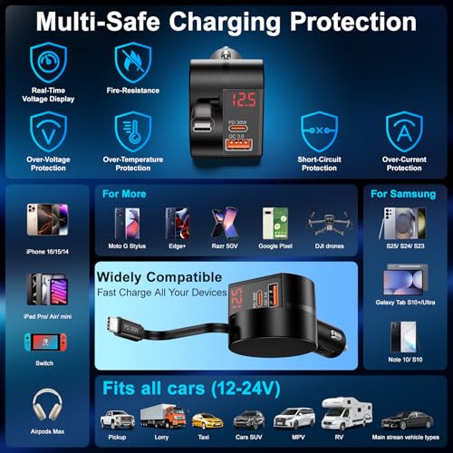 Retractable Car Charger, 2-Pack 78W 3 in 1 Car Charger USB C Fast Charger - color: Black-2Pcs