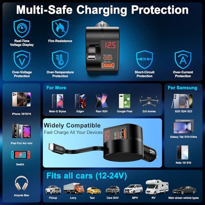 Retractable Car Charger, 2-Pack 78W 3 in 1 Car Charger USB C Fast Charger - color: Black-2Pcs