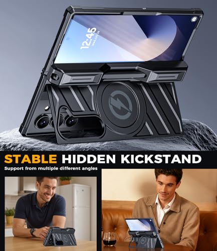 Magnetic Case for Samsung z-Fold-6: [Magsafe Compatible][Rugged Kickstand][S Pen Holder] Shockproof Armor Cover with Hinge Protection | for Business - color: Jet Black