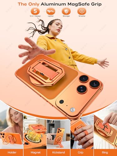 Ultra-Light & Durable Aluminum Phone Grip Stand for MagSafe, Finger Strap - color: Sunset Orange (All-Aluminum)
