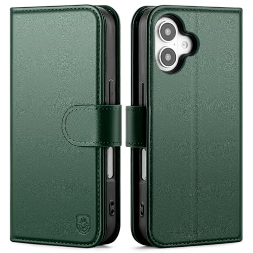 Compatible with iPhone 16 Genuine Leather Case Wallet with Card Holder,Women Men Real Leather Flip Folio RFID Blocking Credit Card Slots Kickstand Phone Cover,for Apple 16 6.1",Green - color: Green, size: iPhone 16 - 6.1"