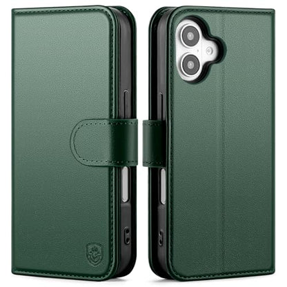 Compatible with iPhone 16 Genuine Leather Case Wallet with Card Holder,Women Men Real Leather Flip Folio RFID Blocking Credit Card Slots Kickstand Phone Cover,for Apple 16 6.1",Green - color: Green, size: iPhone 16 - 6.1"