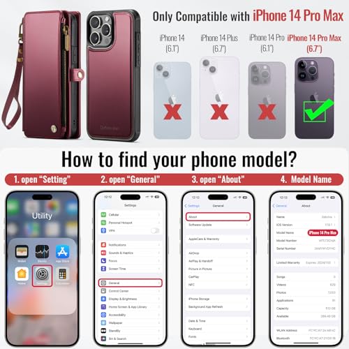 Defencase for iPhone 14 Pro Max Case Wallet Compatible with Magsafe, W-Red | Drop-Proof Magnetic Detachable Phone Cases Cover, with RFID Bolcking Card Holder, Zipper Strap, PU Leather, Removable Wallet - color: (Detachable with Magsafe)-Wine Red