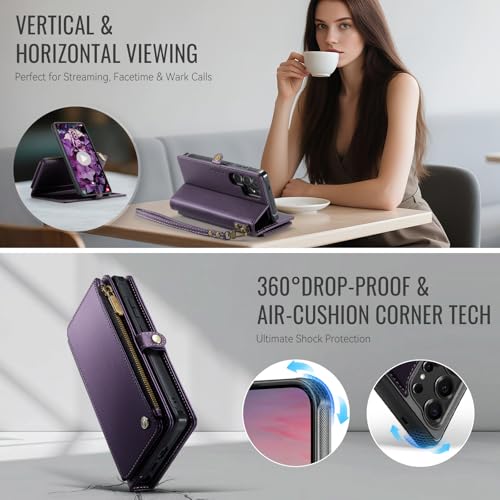 Defencase for Galaxy S23 Ultra Case Wallet Compatible with Magsafe, Purple | Magnetic Detachable, RFID Bolcking Card Holder, Zipper Strap, PU Leather Drop-Proof Phone Cover for Samsung Galaxy S23 Ultra - color: (Detachable with Magsafe)-Purple