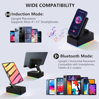 Wireless Induction Bluetooth Speaker, 5-in-1 Foldable Phone Holder, 1500mAh Emergency Charging, Colorful LED Ambient Light, Tech Gadgets Gifts for Men Women, for iPhone Android Tablet, Black - color: Black