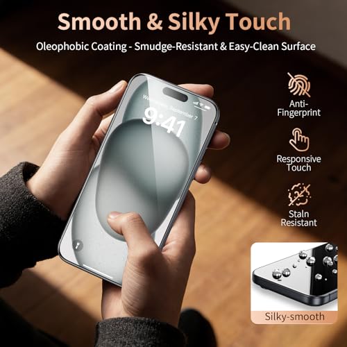 2 Pack for iPhone 15 Screen Protector, 9H+ Hardness Tempered Glass Full Edge Coverage, Military-Grade Shatter Protection, HD Clear & Sensitive Touch, Easy Installation - size: for iPhone 15