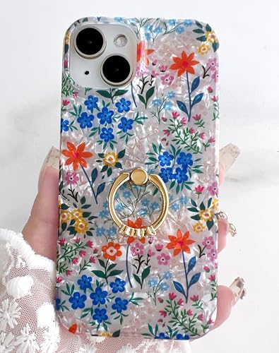 Qokey Cover for iPhone 13/14 6.1 Inch, Clear Glitter Flower for Women Girls with 360 Degree Rotating Ring Kickstand, Soft TPU Shockproof Non-Yellowing Case, Powder Blue Floral - color: Powder Blue
