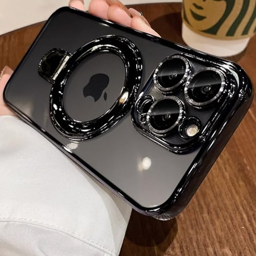 Mag-Stand Designed for iPhone 16 Pro Max Case Clear Supports Wireless Charging 16 Pro Max Case Camera Protector Invisible Stand Ring Luxury Plating Soft TPU Shockproof Phone Cover 6.9",Black - color: Black, size: For iPhone 16 Pro Max 6.9"