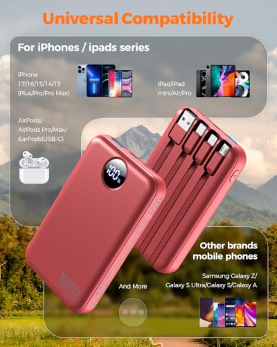 Portable Charger 10000mAh with 4 Built-in Cables 40% Smaller (Red) - color: Red