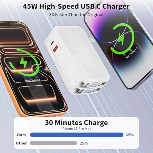 Retractable iPhone Charger,45W 4 in 1 Retractable Phone Charger Wall Plug with USB C and Lightning Cable Fast Charging Block with Dual Port(USB C+USB A) for iPhone 17/Air/16/15/14/13,iPad,Galaxy S26