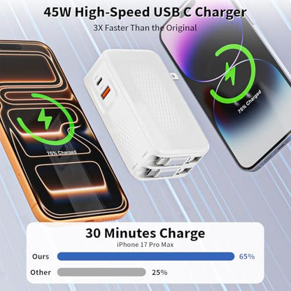 Retractable iPhone Charger,45W 4 in 1 Retractable Phone Charger Wall Plug with USB C and Lightning Cable Fast Charging Block with Dual Port(USB C+USB A) for iPhone 17/Air/16/15/14/13,iPad,Galaxy S26