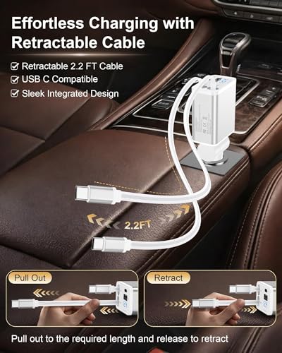 Retractable Car iPhone Charger USB C, Fast Car Charging Adapter USBC - color: White