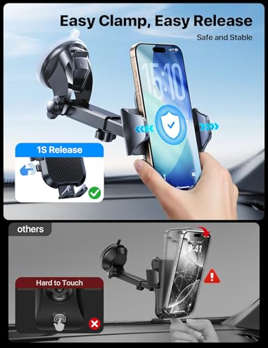 andobil Car Phone Holder Mount (Strong Suction&Bumpy Road Stable) Phone Holders for Your Car, Cell Phone Car Mount for Windshield Dash Vent Truck Cradle Stand for iPhone 17 16 15 14 Pro Max Grey - color: Grey