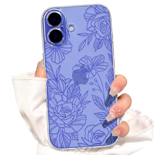 NITITOP for iPhone 16 Plus Case Cute Clear Floral Flower - Blue | For girls women, Girly, Aesthetic, Soft TPU, Full camera lens, Protective, Shockproof phone cover - color: Blue, size: iPhone 16 Plus