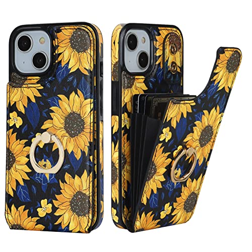 HAOPINSH for iPhone 13/ iPhone 14 Wallet Case with Card Holder, 360°Rotation Ring Kickstand, Blooming Sunflowers Pattern, RFID Blocking Leather for Girls Women,Double Buttons Protective Cover 6.1" - color: Blooming Sunflowers