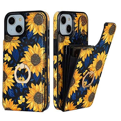 HAOPINSH for iPhone 13/ iPhone 14 Wallet Case with Card Holder, 360°Rotation Ring Kickstand, Blooming Sunflowers Pattern, RFID Blocking Leather for Girls Women,Double Buttons Protective Cover 6.1" - color: Blooming Sunflowers
