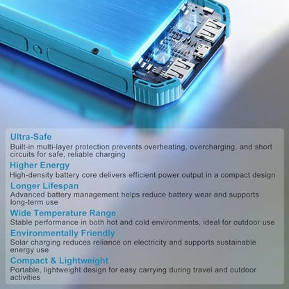 Solar Charger Power Bank 20000mAh, Wireless Fast Charging Battery Pack with 3 Built-in Cables & USB-C Input, Dual LED Flashlights, Portable Phone Charger for Camping, Travel & Emergency Use - color: Blue