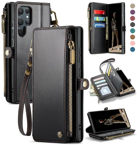 Defencase for Samsung Galaxy S25 Ultra Wallet Case with Card Holder, Black | with RFID Blocking Zipper Pocket, Durable PU Leather, Wrist Strap, S25 Ultra Flip Phone Cases Cover with Stand for Women Men - color: Black