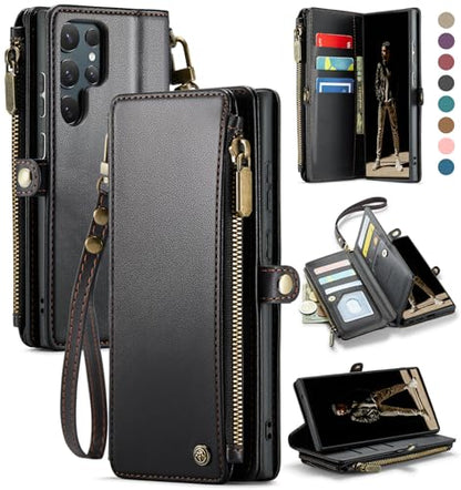 Defencase for Samsung Galaxy S25 Ultra Wallet Case with Card Holder, Black | with RFID Blocking Zipper Pocket, Durable PU Leather, Wrist Strap, S25 Ultra Flip Phone Cases Cover with Stand for Women Men - color: Black