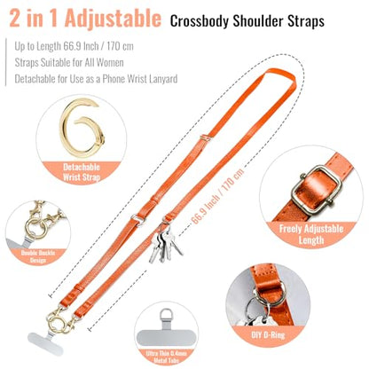 Clip and Go Phone Strap Crossbody Wrist 2 in 1 Leather Lanyard with Tether Hanging Loops Adjustable Anti-Theft Purse Replacement Handbag Long Thin Shoulder Neck Straps for All Phones Keys Bags Orange - color: Orange