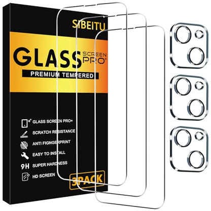 SIBEITU 3+3 Pack Screen Protector for iPhone 13 6.1 Inch Tempered Glass | 3 Pack Screen + 3 Pack Camera Lens Protector, HD Clear 9H Hardness, Scratch Resistant, Sensor Protection, Case Friendly - size: iPhone 13 6.1"