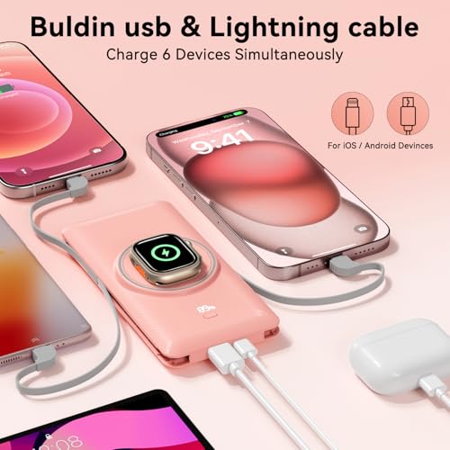 Magnetic 10000mAh Portable Charger for iWatch & iPhone, PD Fast Charging Wireless Power Bank Built-in Cables and Wall Plug, External Travel Battery Pack Compatible with iOS Android Phones - color: Pink