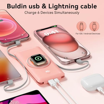 Magnetic 10000mAh Portable Charger for iWatch & iPhone, PD Fast Charging Wireless Power Bank Built-in Cables and Wall Plug, External Travel Battery Pack Compatible with iOS Android Phones - color: Pink