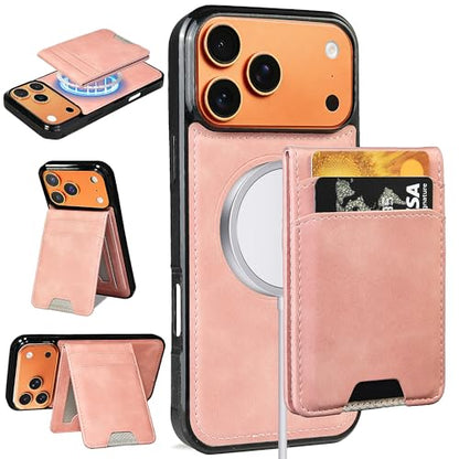 for iPhone 17 Pro Max MagSafe Wallet Case, Magnetic Detachable Leather Wallet with Card Holder & Kickstand, Slim Protective Phone Case Compatibility with iPhone 17 Pro Max. Pink - color: Pink