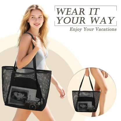 GYEUKHAM Mesh Beach Bag for Women, Sand-Resistant Pool Tote, 9 Pockets (1 Inner Zip), Foldable Family Travel Essentials - color: 2 Pockets-black