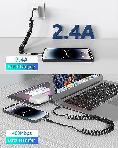 Coiled Lightning Cable for Car, 2 Pack 3FT Retractable iPhone Charger Cord - style: USB-A to Lightning