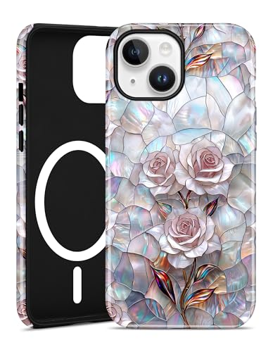 Jusy Magnetic Stained Glass Floral Case for iPhone 16e/17e, Pink Rose | Compatible with MagSafe, Cute Aesthetic Flower Design, TPU and PC Protective Phone Cover - color: Pink Rose