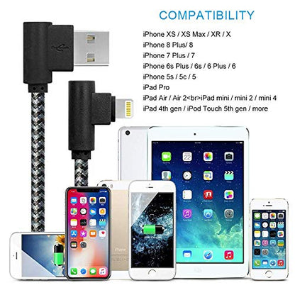 iPhone Charger 1Ft MFi Certified Short Lightning Cable Braided 90 Degree Elbow Charging Cable Compatible with iPhone 14 13 12 11 Pro X XS XR 8 Plus 7 6 5 (Black Grey, 5Pack)