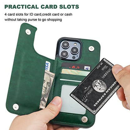 ONETOP for iPhone 14 Pro Max Wallet Case with Credit Card Holder,Green | Kickstand,ID/Cash Holder,Case Wallet with Card Slots,Double Magnetic Clasp,Durable PU Leather Shockproof Cover for Women Men - color: Green